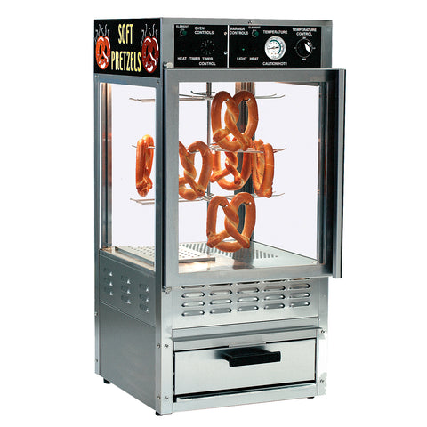 Oven/warmer pretzel cabinet with metal corner posts and plexi-glass sides. Pretzel rotisserie is inside warmer with multiple pretzels hangingoff of rotisserie. Control panel is on dome of machine and warmer sits on top of oven.