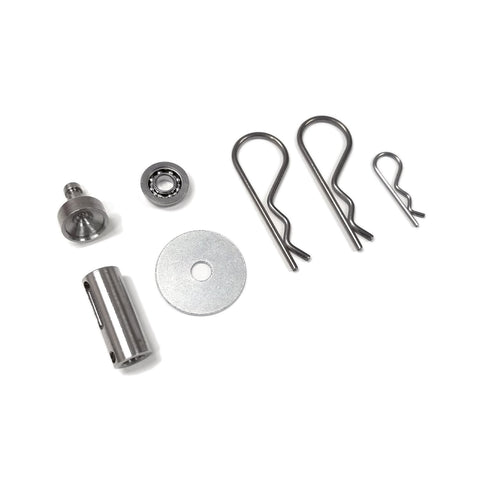 Pretzel rotisserie kit including rotator cup assembly, drive connection, and three hitch pins.