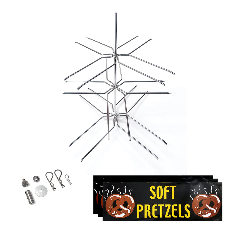 Pretzel rotisserie with three sets of eight metal bars each to hold up to 50 jumbo pretzels, rotisserie assembly kit and three decals that say Soft Pretzels.