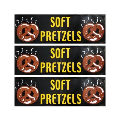 Three decals with a black background, pretzels and the wording soft pretzels.