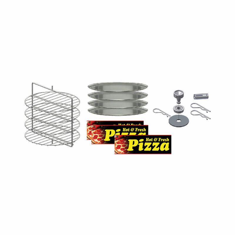 Pizza rotisserie, four wire shelves, four round pizza pans, rotisserie assembly kit and four signs with black backgrounds, slices of pizza and the word Pizza in yellow lettering.