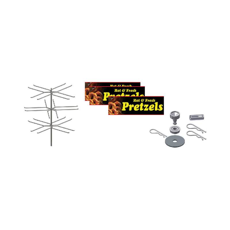 Pretzel rotisserie, rotisserie assembly kit and four signs with black backgrounds, pictures of pretzels and the word Pretzels in yellow lettering.