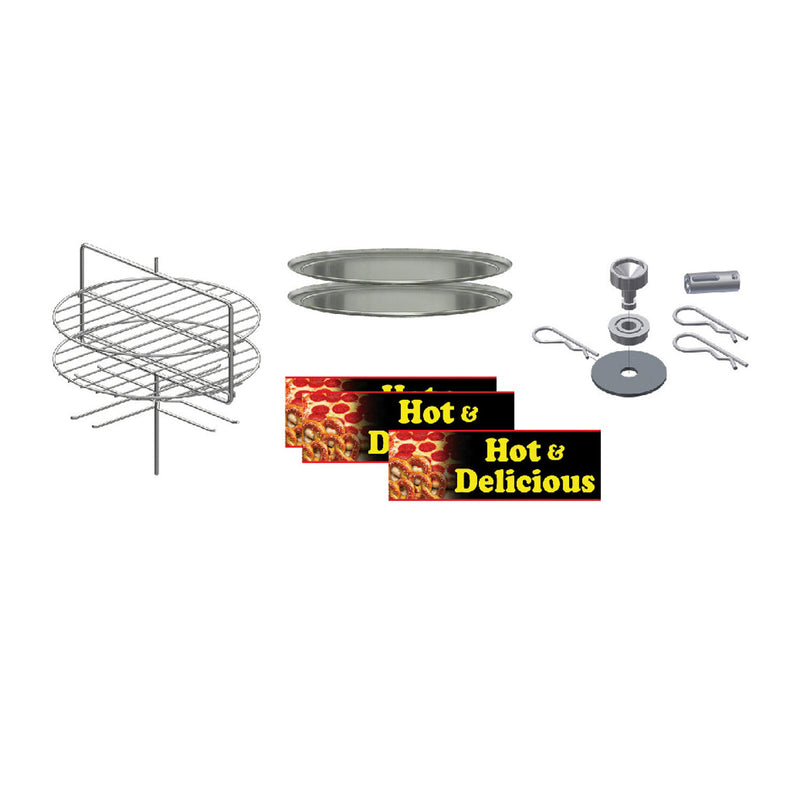 Combo pizza and pretzels rotisserie that has two-wire shelves above the pretzel arms. Two round pizza pans, rotisserie assembly kit and three signs with black backgrounds, slices of pizza and pretzels and the words Hot and Delicious in yellow lettering.