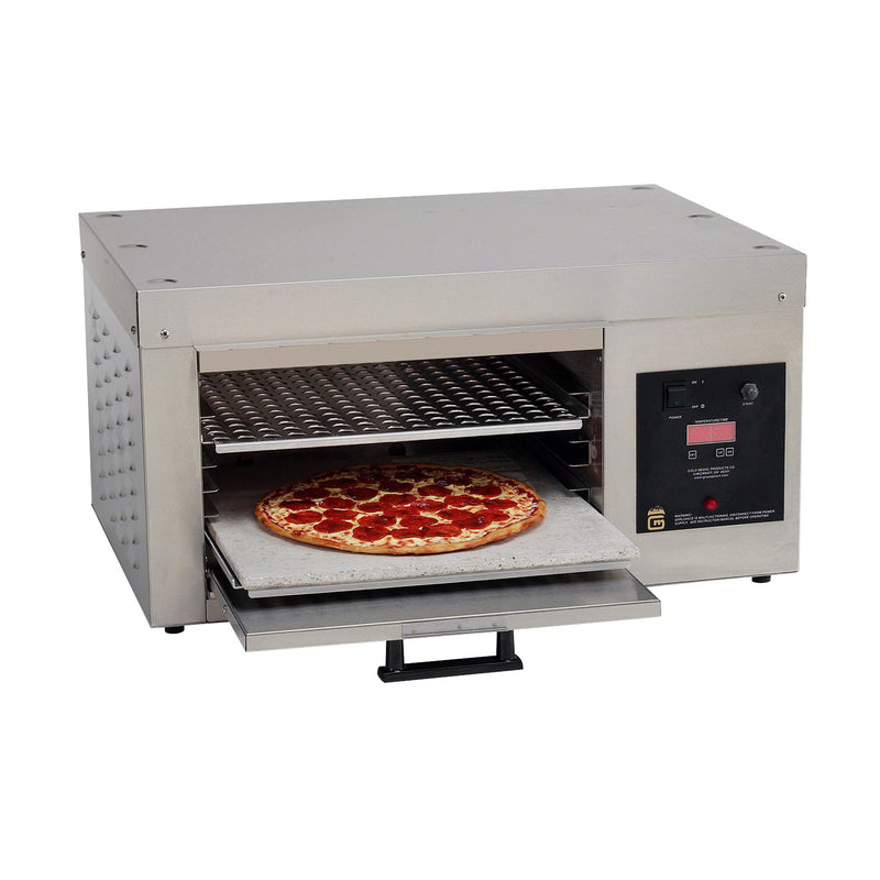 Mini counter top oven with the door open showing two shelves and a pizza stone with a pizza on it. Controls for oven are on the front right side of machine next to the oven door.