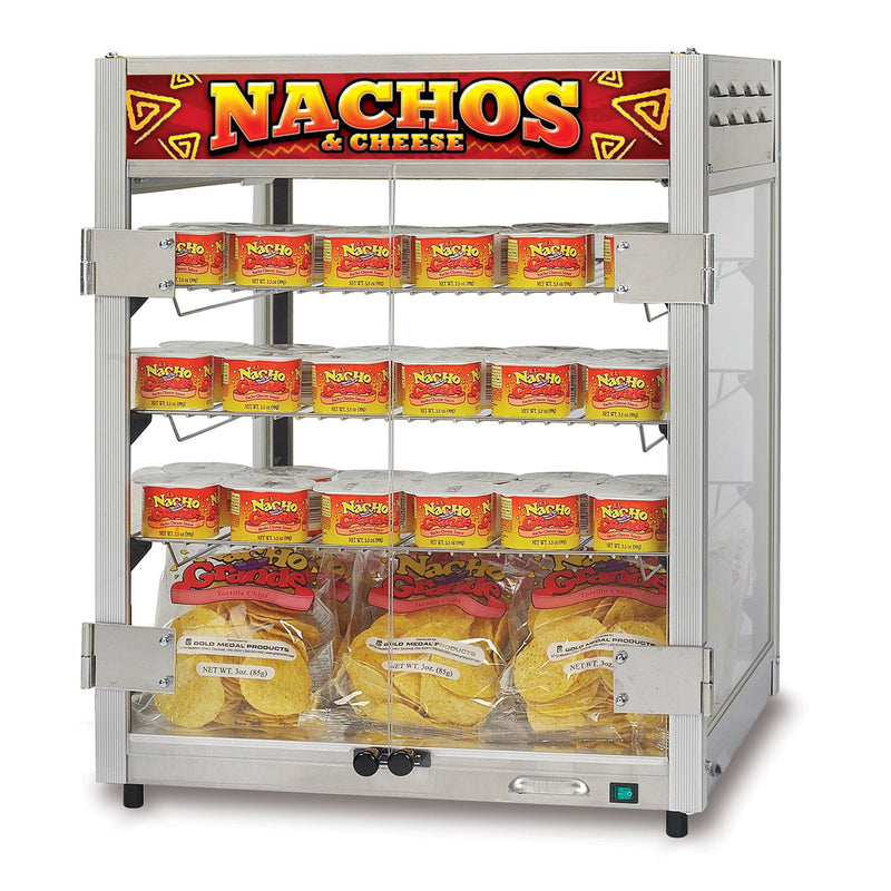 Warming cabinet with four metal corner posts and plexi-glass sides. 3 wire shelves with nacho cheese cups on them. Bags of nacho chips on in the bottom of machine, double swing front doors and Nachos signage on dome.