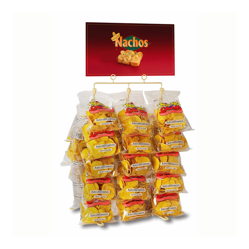 Chip rack with 12 rows of clips - three clips each row for a total of 36 clips. Clips holding bags of nacho chips and sign inserted in sign holder clips reading Nachos.