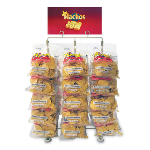 Front view of chip rack with 12 rows of clips - three clips each row for a total of 36 clips. Clips holding bags of nacho chips and sign inserted in sign holder clips reading Nachos.