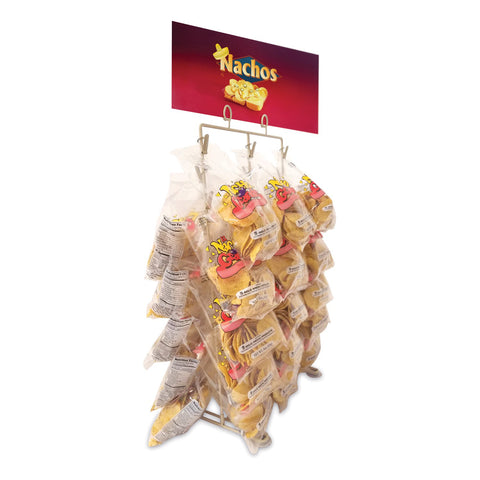 Angle view of chip rack with 12 rows of clips - three clips each row for a total of 36 clips. Clips holding bags of nacho chips and sign inserted in sign holder clips reading Nachos.