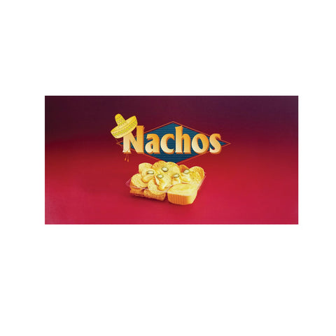 Nacho chip rack sign with red background, picture of nachos and cheese with the word Nachos above it.