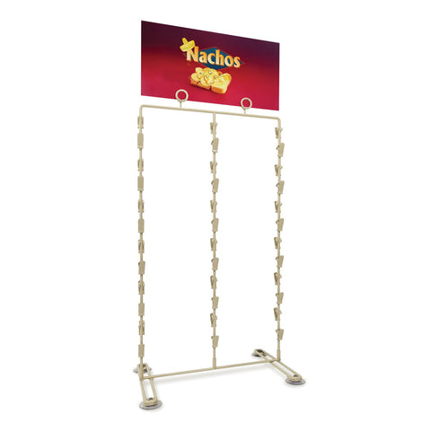 Nacho chip rack sign with red background, picture of nachos and cheese with the word Nachos above it. Sign on display chip rack with 12 rows of clips - three clips each row for a total of 36 clips. 