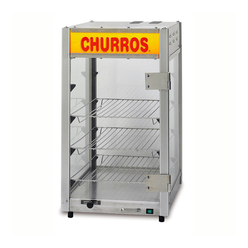 Warming cabinet with four metal corner posts and plexi-glass sides. 3 wire shelves with nacho cheese cups on them. Single swing out front door and Churro sign on dome.