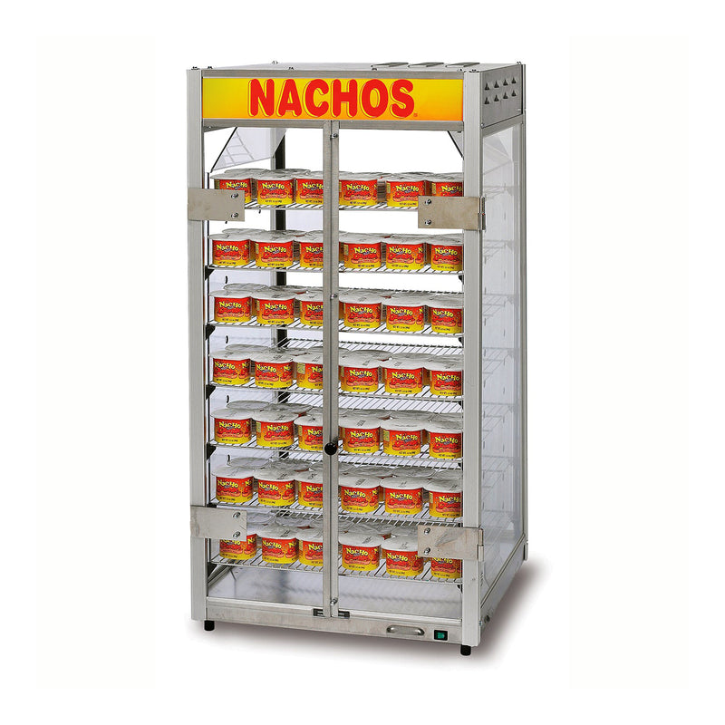 Warming cabinet with four metal corner posts and plexi-glass sides. Seven wire shelves with nacho cheese cups on them. Double swing front doors and Nachos signage on dome.