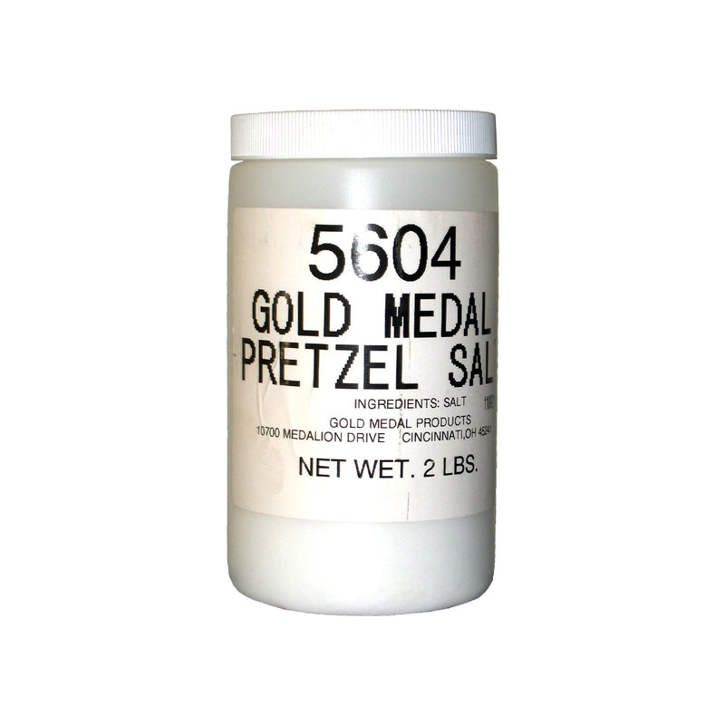 White plastic jar with white lid and label on front stating Gol dMedal Pretzel Salt.