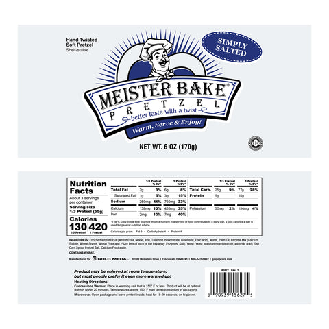 Pretzel inside of sealed clear package with Meister Bake Pretzel blue, white and black logo on the front of package with the following wording on the package: hand twisted soft pretzel, shelf stable, simply salted.