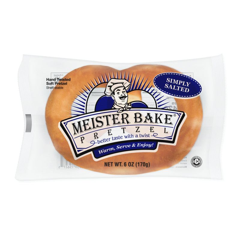 Pretzel packaging artwork laid flat showing Meister Bake logo in blue and black and nutritional information.
