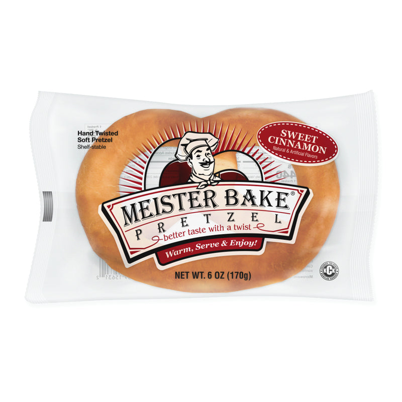 Pretzel inside of sealed clear package with Meister Bake Pretzel marron, white and black logo on the front of package with the following wording on the package: hand twisted soft pretzel, shelf stable, sweet cinnamon.