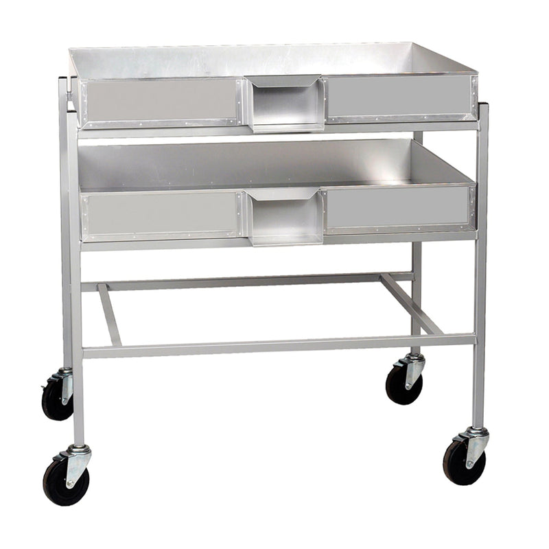 Three shelf metal cart with caster locking wheels. Two metal rectangle pans on two of the shelves. Each pan has an opening with a chute attached to direct popcorn into a bag.