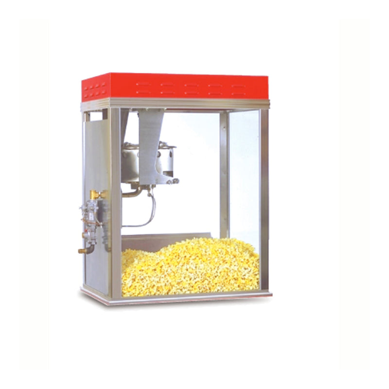 Popcorn machine with metal corner posts, plexi-glass side, red dome, hanging kettle, pile of popcorn in the bottom and gas hookup on the left side of the popper. 
