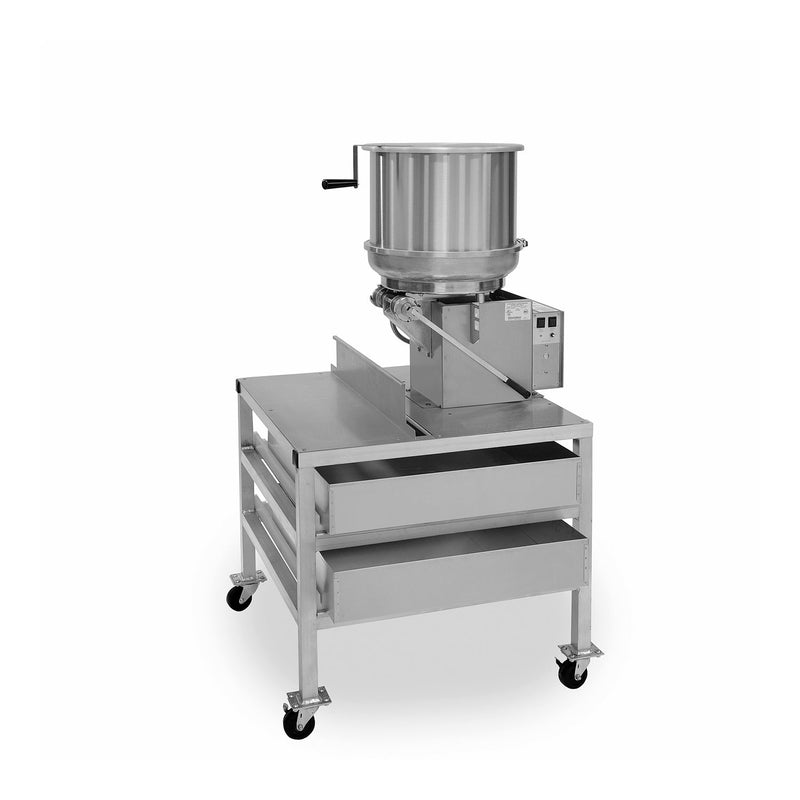 Metal cart on four caster wheels with two shelves. A deep pan is sitting on each shelf. On the top of the cart sits a five gallon caramel cooker with tilt handle and lid.
