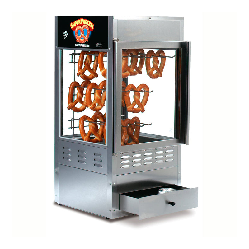 Sterno pretzel cabinet with four metal corner posts, plexi-glass sides, rack insert with wire arms loaded with hanging pretzels, drawer on front of machine open with sterno canisters.