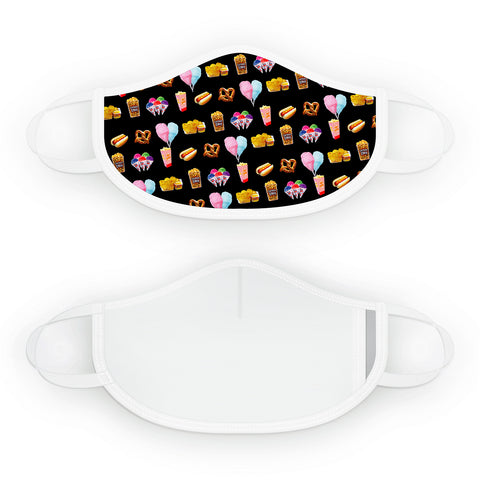 Cloth face mask with white trim and black face covering with images of cotton candy, pretzels, hot dogs, nacho and cheese, and popcorn on front. Back of mask is all white.