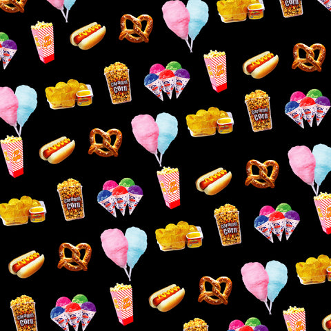 Close up shot of design for black face covering with images of cotton candy, pretzels, hot dogs, nacho and cheese, and popcorn on front. 