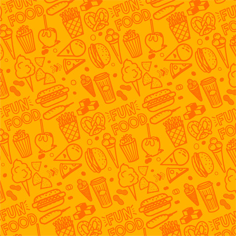 Close up shot of  yellow face covering with line drawings of of cotton candy, pretzels, hot dogs, nacho and cheese, and popcorn in orange.