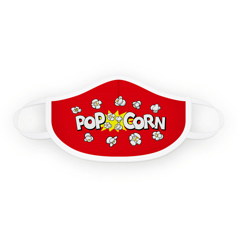 Cloth face mask with white trim and red face covering with pieces of popcorn and the word Popcorn across the front.