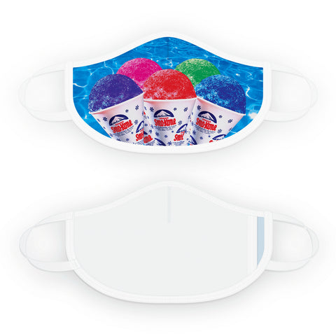 Cloth face mask with white trim and blue face covering with 5 different flavored snow cones. Back of mask is all white.