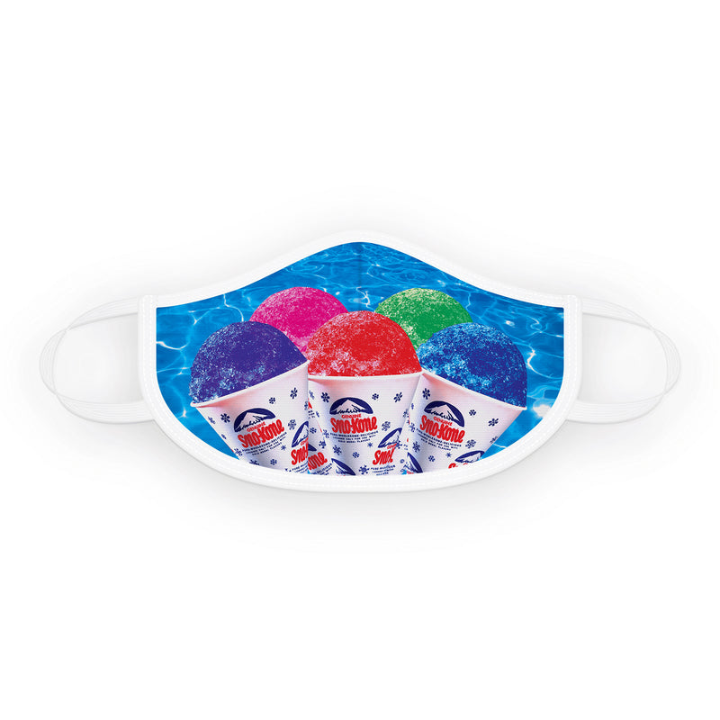 Cloth face mask with white trim and blue face covering with 5 different flavored snow cones. 