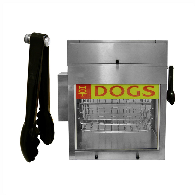 Black tongs showing hanging on the side of a rotisserie hot dog machine.