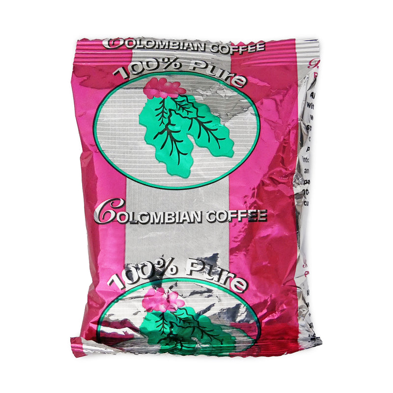 Front of mylar bag, graphics in pink and green with the words 100 percent pure Colobian Coffee.
