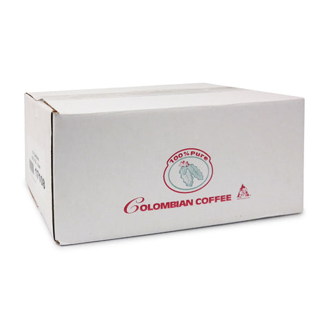 White box with the words 100 percent pure colombian coffee printed on the side in red.