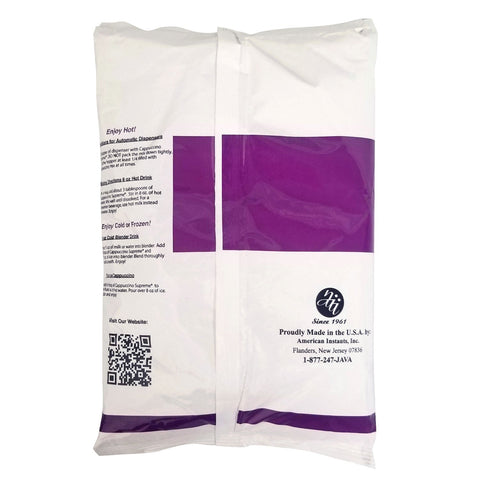 Back of white bag of instant cappuccino with purple and black graphics.