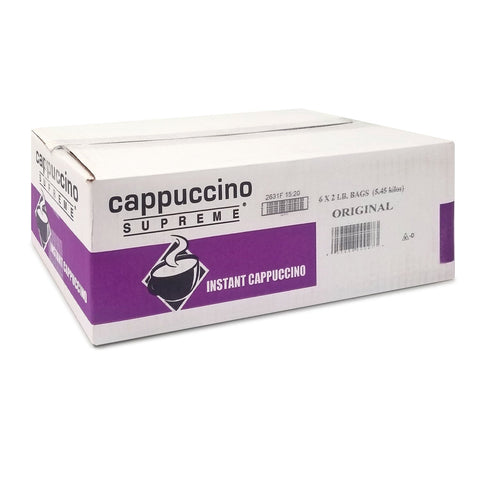 White box with purple and black graphics filled with six bags of instant cappuccino.