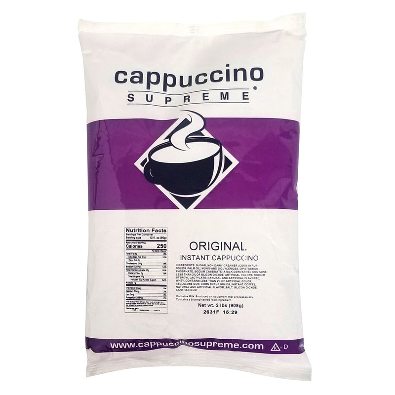 White bag of instant cappuccino with purple and black graphics with the words cappuccino supreme original printed on the front.