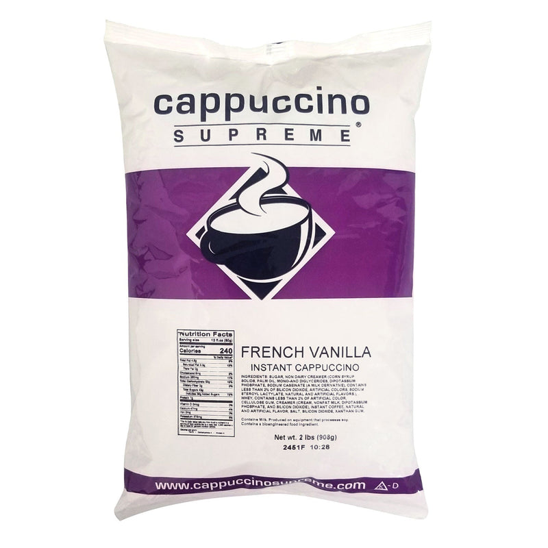 White bag of instant cappuccino with purple and black graphics with the words cappuccino supreme french vanilla printed on the front.