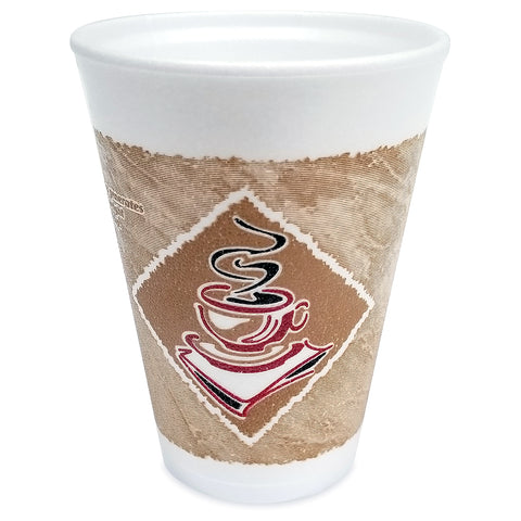 White insulated disposable coffee cup with graphic of coffee cup with steam printed on the side.