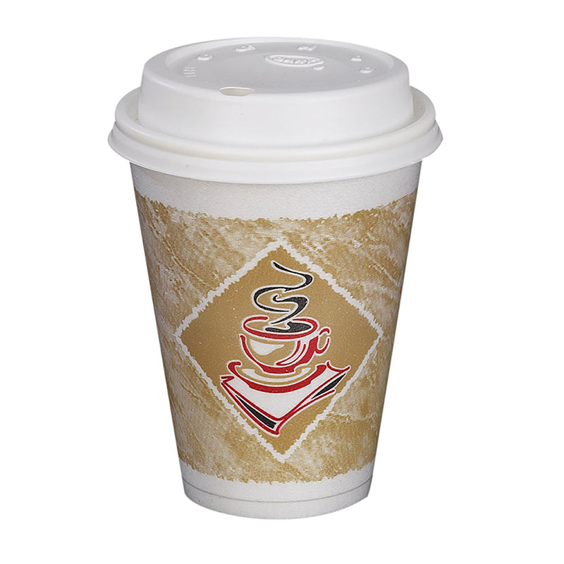 White insulated disposable coffee cup with graphic of coffee cup with steam printed on the side and white lid.
