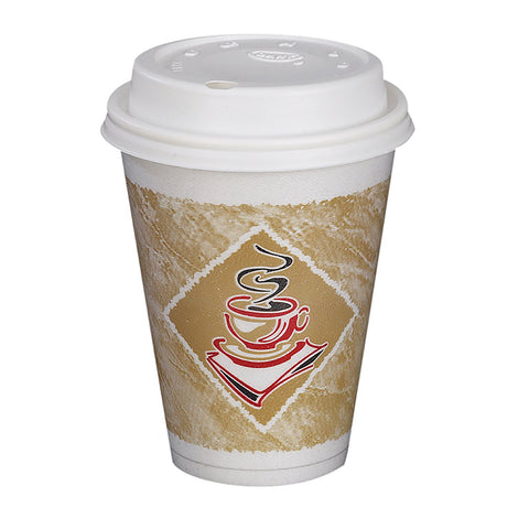 White insulated disposable coffee cup with graphic of coffee cup with steam printed on the side and white lid.