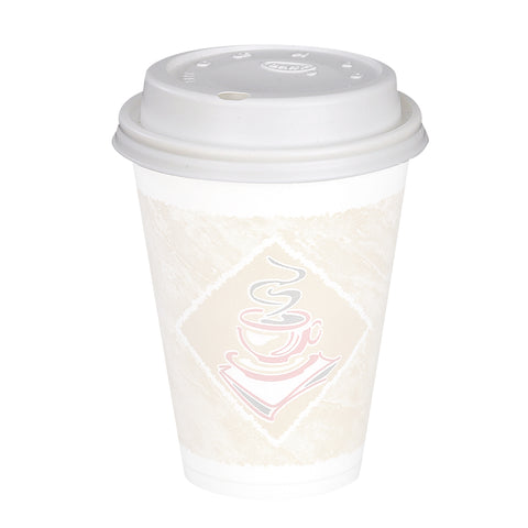 White insulated disposable coffee cup with graphic of coffee cup with steam printed on the side and white lid.