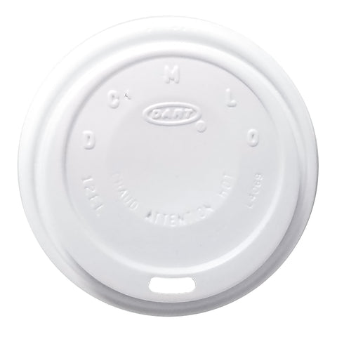 Overhead view of white lid that fits on disposable coffee cup.