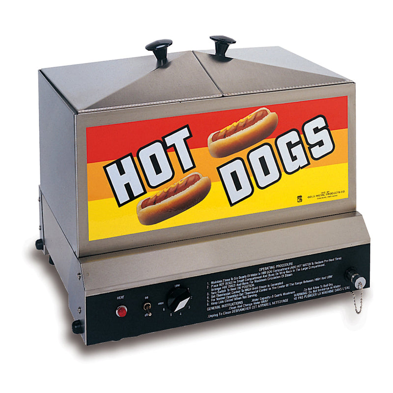 Enclosed stainless steel hot dog steamer with two doors opening from the top, yellow and red graphics with hot dogs on the front, and the control dial and on-off switch on the bottom front side of the machine.