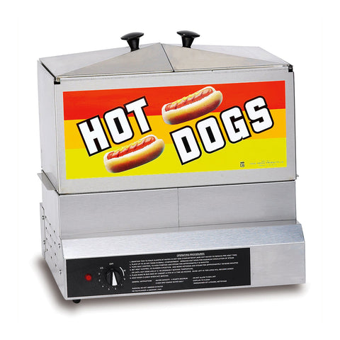 Enclosed stainless steel hot dog steamer with two doors opening from the top, yellow and red graphics with hot dogs  on the front, and the control dial and on-off switch on the bottom front side of the machine.