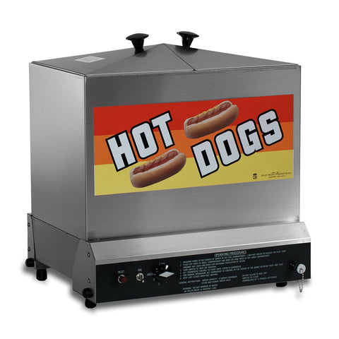 Enclosed stainless steel hot dog steamer with two doors opening from the top, yellow and red graphics with hot dogs  on the front, and the control dial and on-off switch on the bottom front side of the machine.