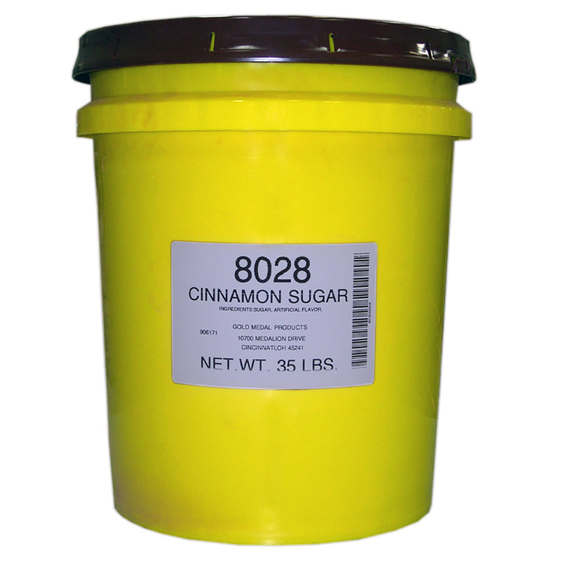 Yellow tub with a brown lid and a white label on the front stating Cinnamon Sugar, net weight is 35 pounds.