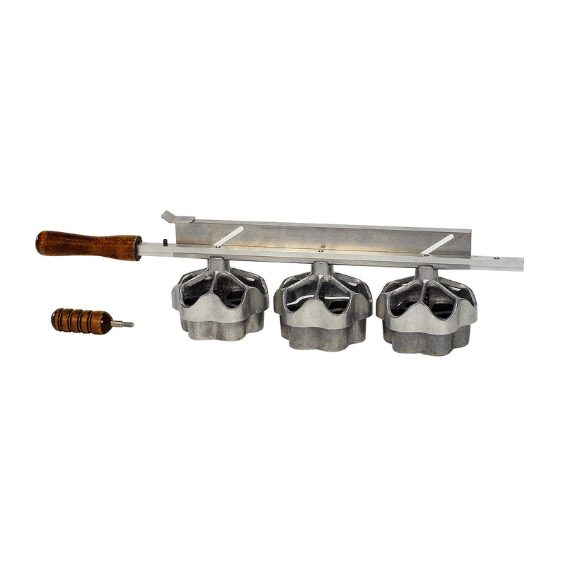 Three flower shaped waffle molds affixed to a bar with a wooden handle. Extra wooden handle shown.