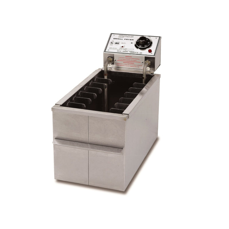 Fryer with narrow rectangle oil tank. Control panel rear mounted above oil tank. Skewer clips inside tank.