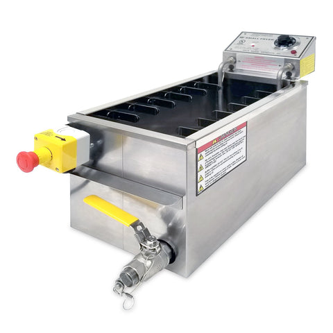 Angled view featuring right side of fryer, narrow rectangle oil tank, right front mounted safety drain with yellow handle, left front mounted emergency stop button. Control panel rear mounted above oil tank. Skewer clips inside tank.