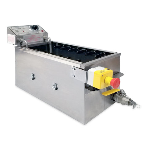 Angled view featuring left side of fryer, narrow rectangle oil tank, right front mounted safety drain with yellow handle, left front mounted emergency stop button. Control panel rear mounted above oil tank. Skewer clips inside tank.